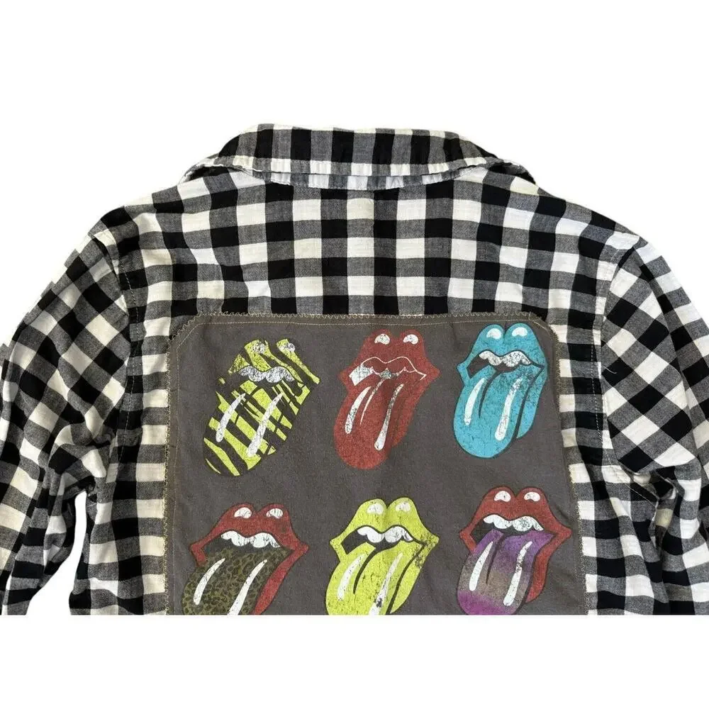 ROLLING STONES 70s Rock Retro Vintage Upcycled Plaid Flannel Kids Shirt L 10/12